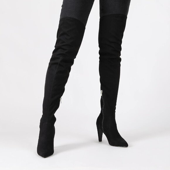 Women's Black/Suede Faux Leather Thigh High Over The Knee Long Pointed Toe Boots - Picture 6 of 7